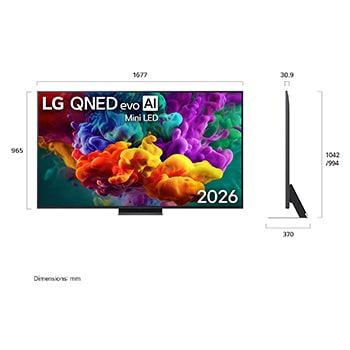LG NANO 4K UHD AI NU86 shown in front and side views highlights a 75-inch display with a 1669 mm-wide screen, 963 mm screen height, 1026 mm height with stand, a 72.1 mm profile depth, and a stand footprint measuring 1299 by 361 mm.