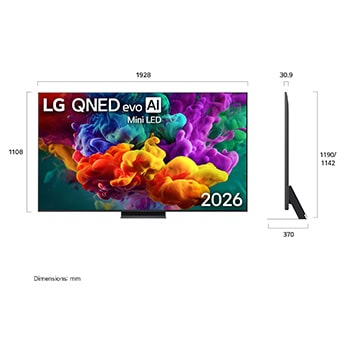LG QNED evo AI QNED86 Mini LED shown in front and side views highlights an 86-inch display with a 1928 mm-wide screen, 1108 mm screen height, 1175 mm height with stand, a 30.9 mm slim profile depth, and a stand footprint measuring 1582/524 by 359 mm.