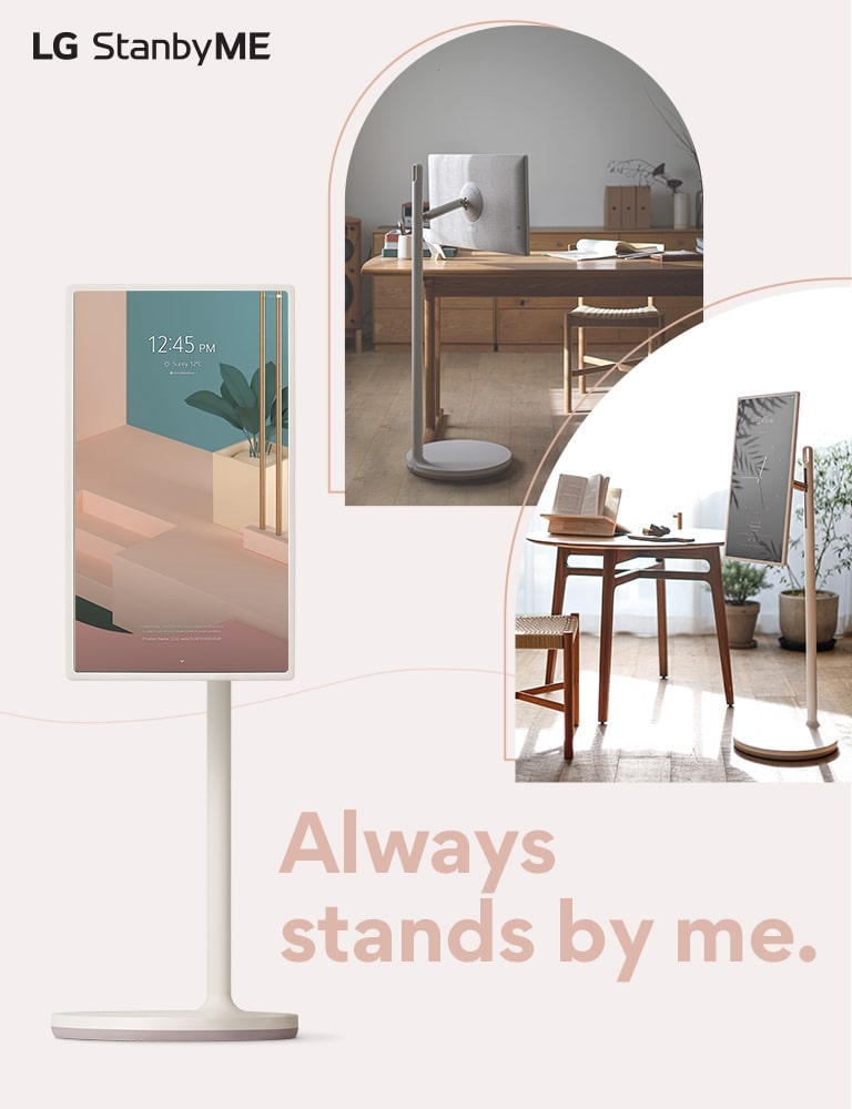 TV stands near copy – “Always stands by me.” Copy is written in dark pink color. There are two lifestyle interior images cropped in curved lines – each showing TV placed in study room and living room. LG StanbyME logo is placed on right top corner on desktop and left top corner on mobile view.