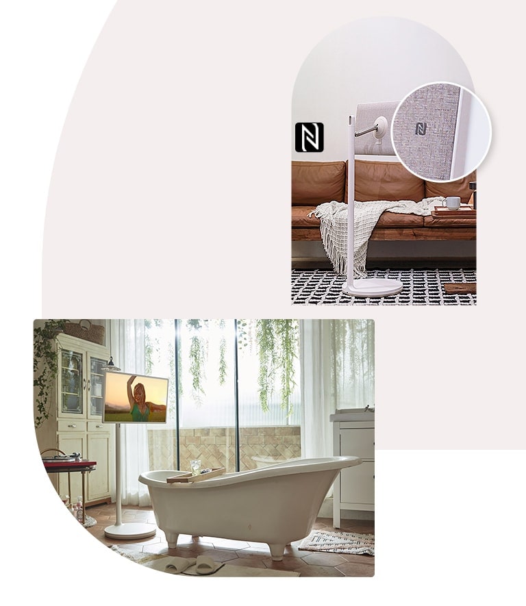 TV is placed in front of a bathtub in bathroom and the screen shows a dancing woman in rain. Another image shows back of TV placed in living room and a closeup of NFC icon on back of TV. There is a separate NFC logo.