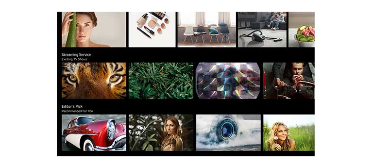 A TV screen showing various contents listed and recommended by LG ThinQ AI