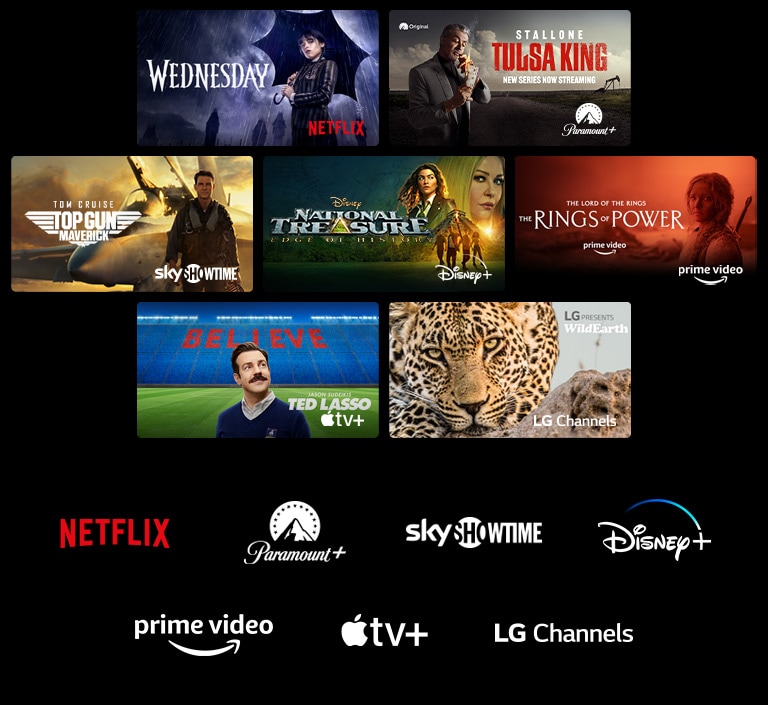 A poster of Wednesday from Netflix, National Treasure from Disney+, The Rings of Power from Prime Video, Ted Lasso from Apple TV Plus, and a still from LG Channels with a leopard in the wild.