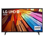 Front view of LG UHD TV, UT80 with text of LG UHD AI ThinQ, 2024, and webOS Re:New Program logo on screen