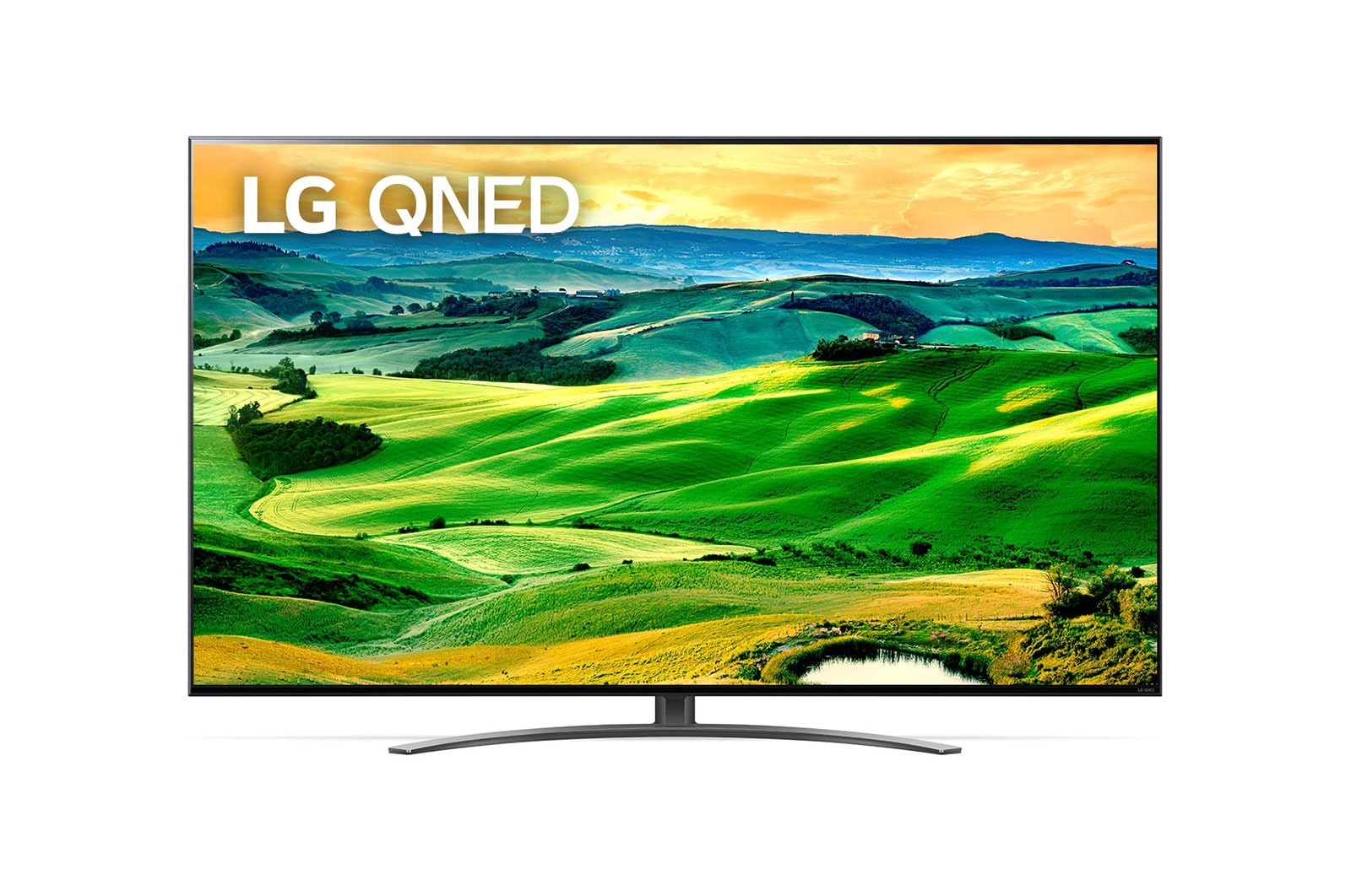 A front view of the LG QNED TV with infill image and product logo on