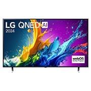 Front view of LG QNED TV, QNED80 with text of LG QNED, 2024, and webOS Re:New Program logo on screen