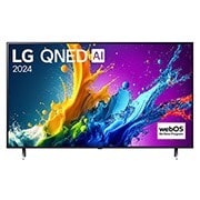 Front view of LG QNED TV, QNED80 with text of LG QNED, 2024, and webOS Re:New Program logo on screen