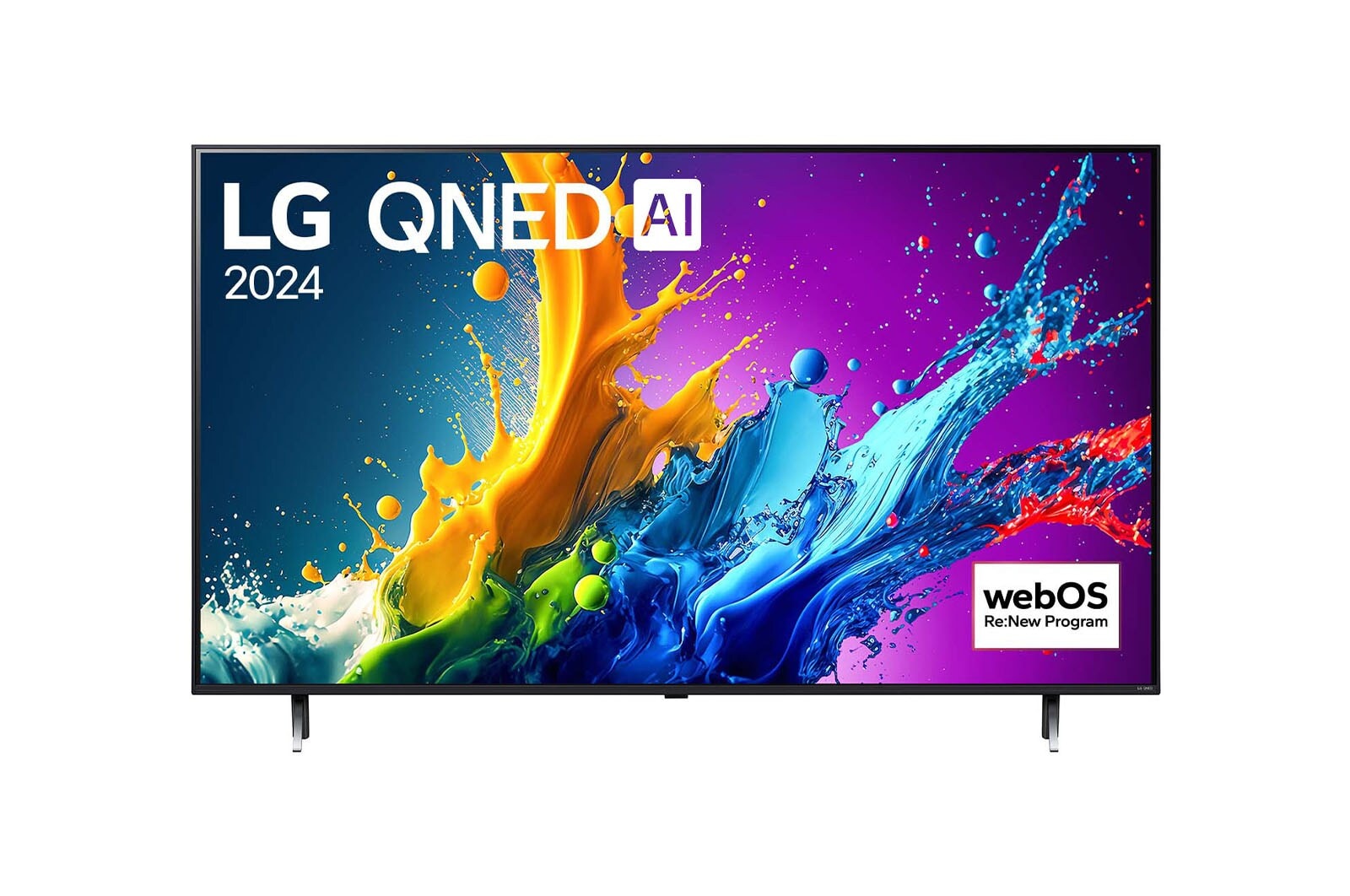 Front view of LG QNED TV, QNED80 with text of LG QNED, 2024, and webOS Re:New Program logo on screen