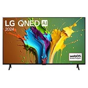 Front view of LG QNED TV, QNED89 with text of LG QNED, 2024, and webOS Re:New Program logo on screen