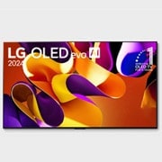 Front view with LG OLED evo TV, OLED G4, 11 Years of world number 1 OLED Emblem, webOS Re:New Program logo, and 5-Year Panel Warranty logo on screen, as well as the Soundbar below