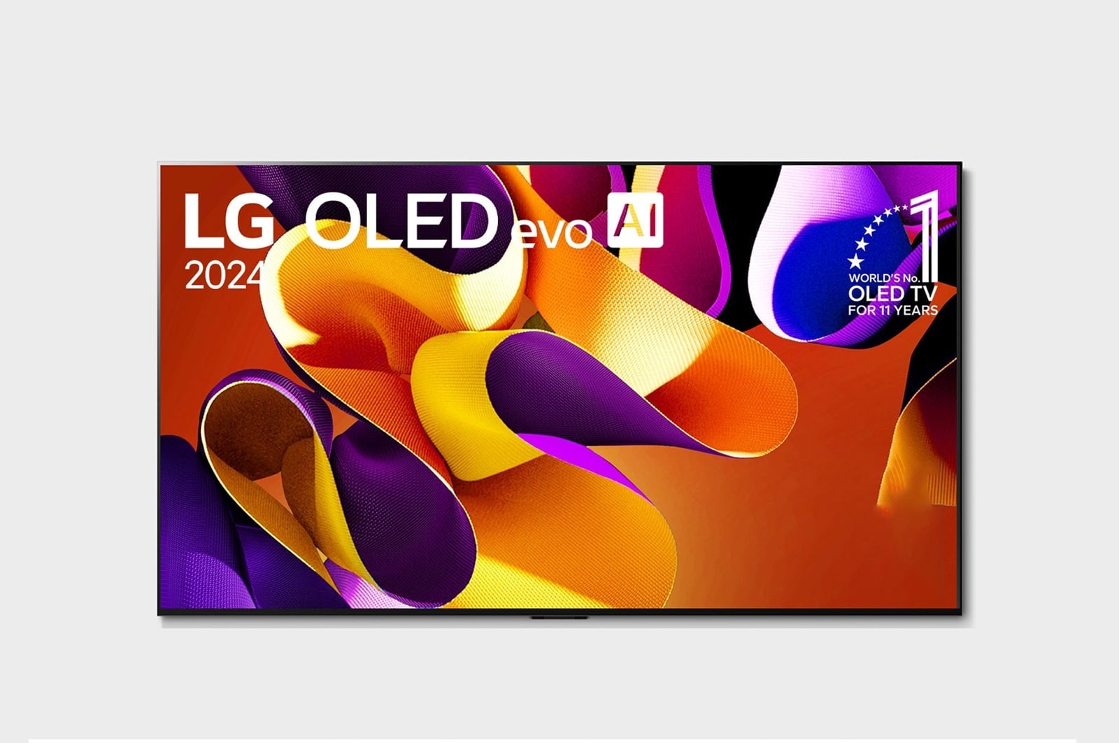 Front view with LG OLED evo TV, OLED G4, 11 Years of world number 1 OLED Emblem, webOS Re:New Program logo, and 5-Year Panel Warranty logo on screen, as well as the Soundbar below