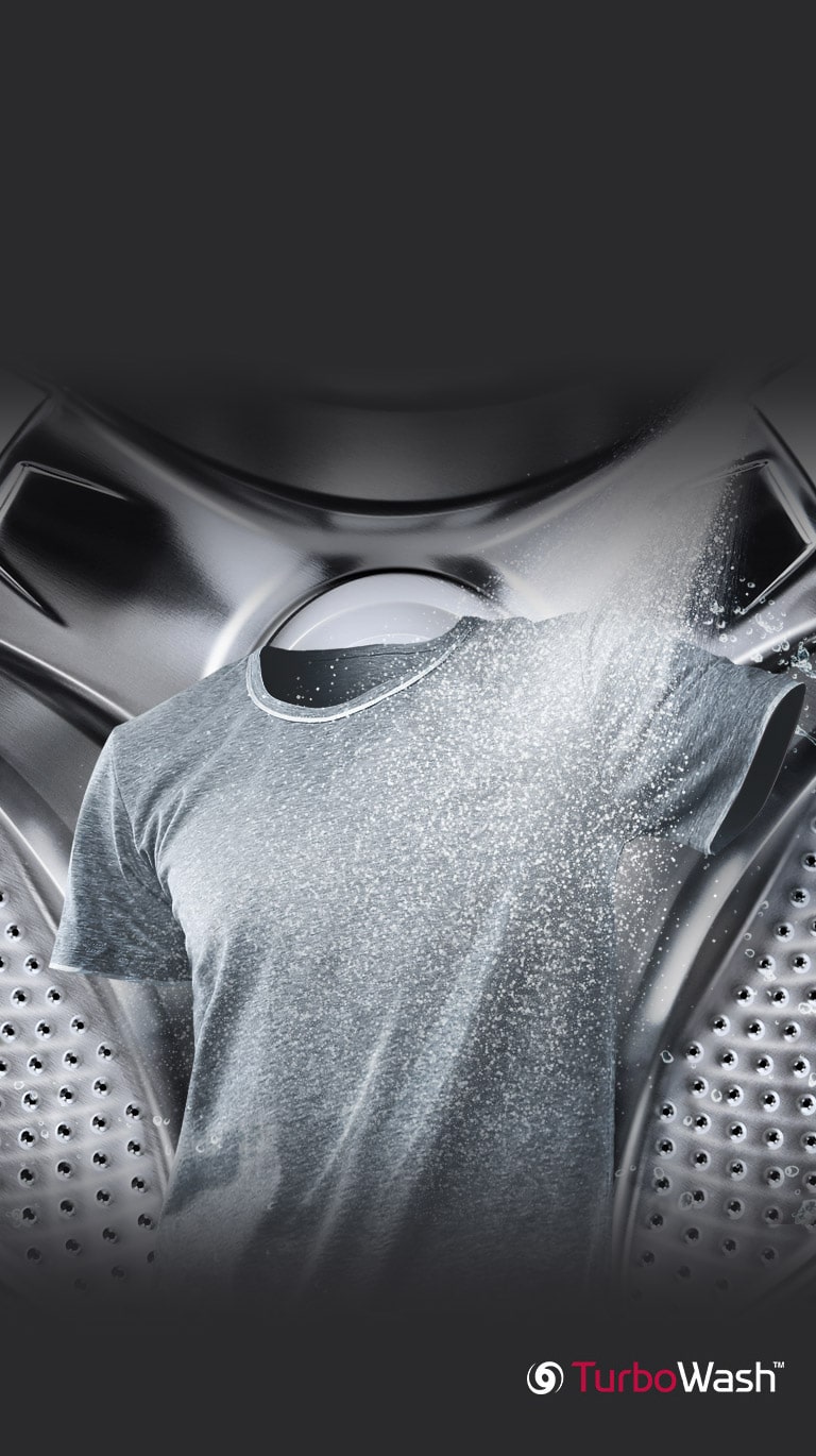 A grey shirt is being jet sprayed in the foreground with the drum of the washing machine in the background. Minor images on the bottom show the jet spray and filtration functionality.
