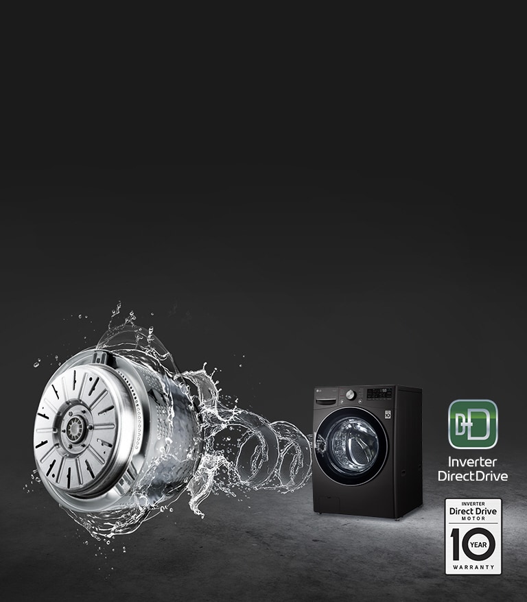 A grey background with the washing machine front loading washer highlighted and a swirl of water thrusting from the front to lead to an image of the Inverter Direct Drive Motor.