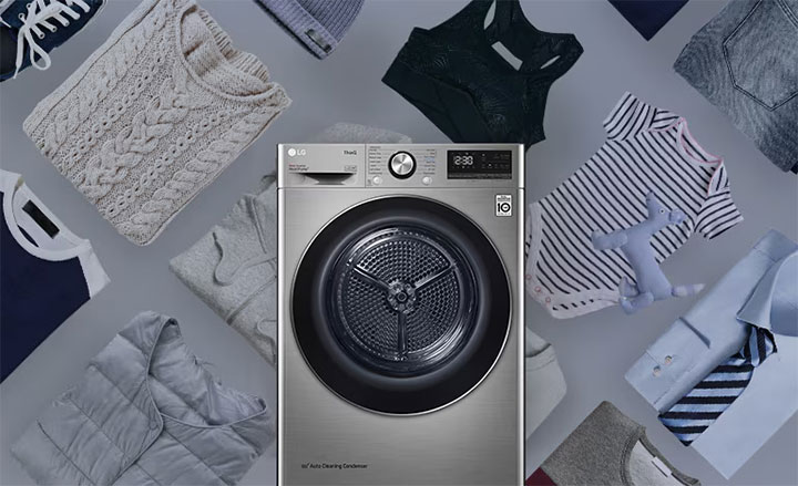 Three icons at the top indicate there are three images in a carousel. The second icon, labelled "Various Cycle", is red. There is a dryer in the middle of the image, and a various fabrics behind the back.