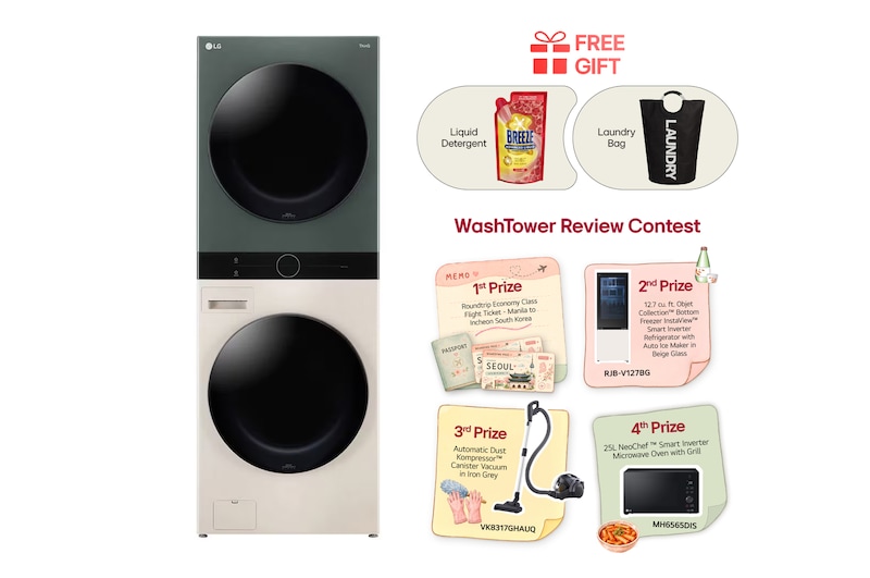 Front view of 14/10KG Objet WashTower™ All-In-One Stacked Washer Dryer WT1410NHEG