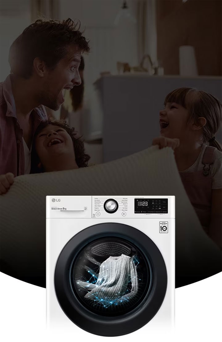 There is a washing machine in front of the opaque image of a father and daughter smiling. Clothes are being washed in the washing machine.