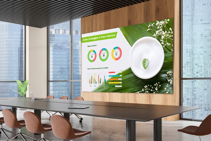 A wide display is installed on the wall of the conference hall, and presentation is prominently and clearly displayed on the large screen.	
