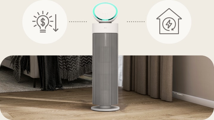 LG air purifier with AI+ feature, saving energy compared to existing modes by adjusting performance to room conditions