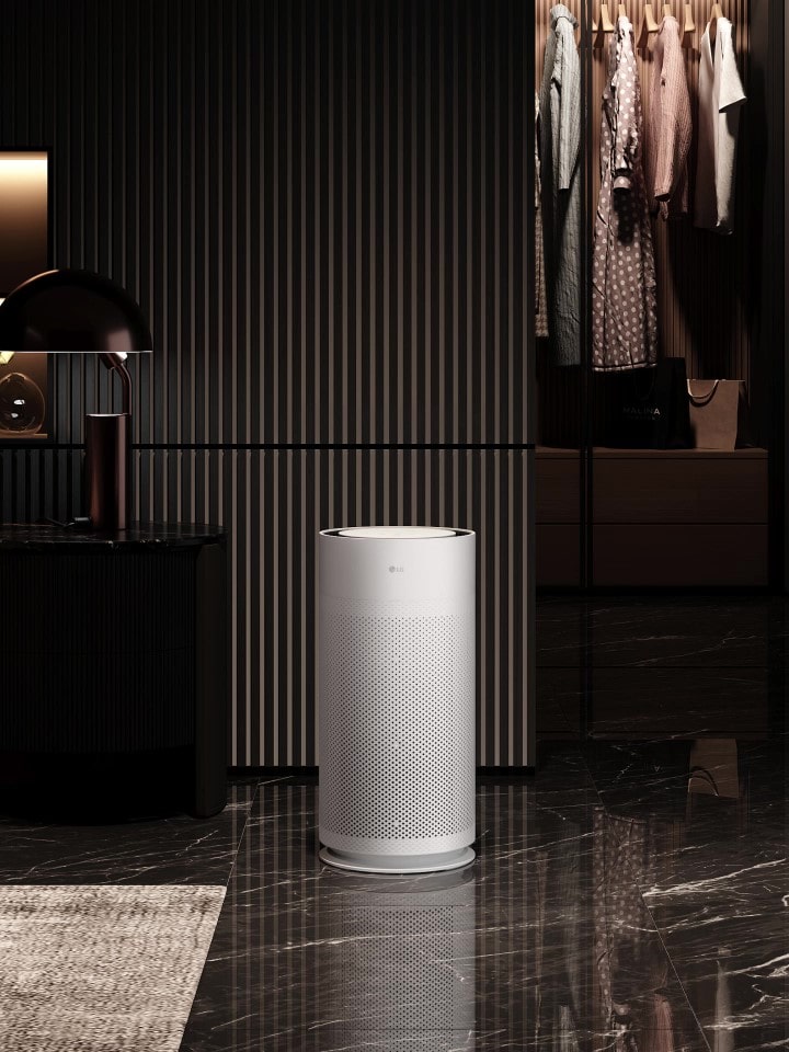 Video showcasing LG air purifier's premium design, fitting seamlessly into various spaces with refined, modern aesthetics	
