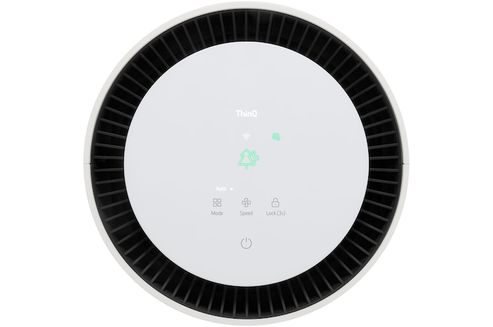 Close-up of the LG air purifier's top display with air quality indicator lights on