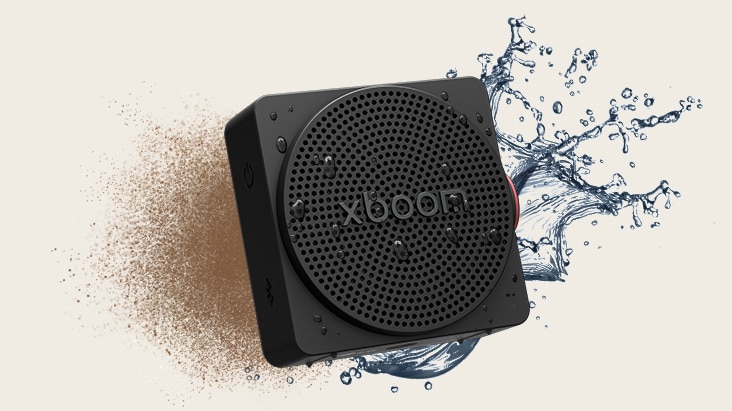 LG xboom mini, a compact bluetooth speaker with IP67 waterproof and dustproof protection for both indoor & outdoor use	