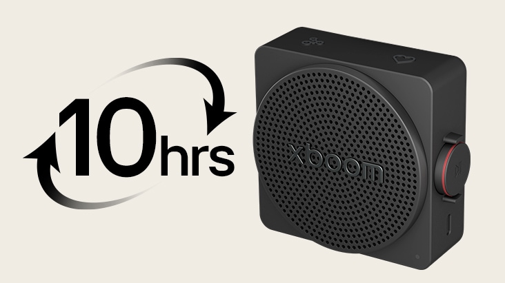 LG xboom mini, a small bluetooth speaker with up to 10 hours of long battery life and space-filling sound	
