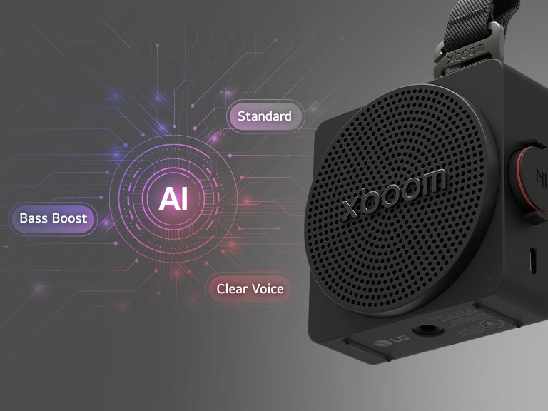 LG xboom mini portable bluetooth speaker adpated with AI sound modes (bass boost, AI analysis, voice enhance) to improve music balance and sound clarity	