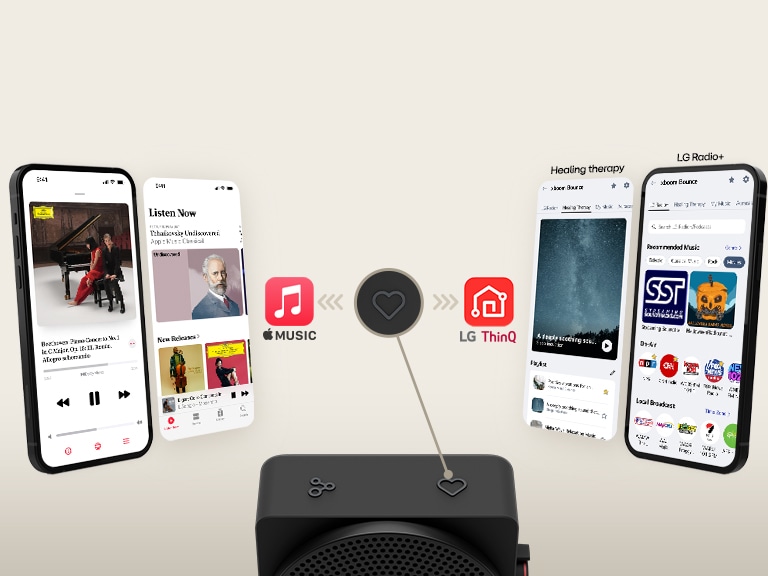 Apple Music app screens are shown on the left and LG ThinQ app screens on the right, highlighting one-tap playback using the My Button on the LG xboom mini speaker.	