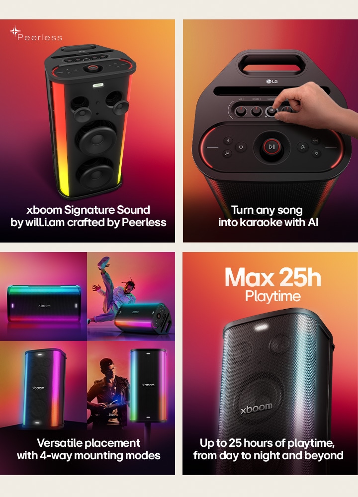 1) LG xboom Stage 501, a powerful party speaker with signature sound tuned by Peerless and built-in lighting 2) LG xboom Stage 501, hand adjusting controls on party speaker to turn any song into AI-powered karaoke 3) LG xboom Stage 501, a party speaker shown in different setups demonstrating versatile 4-way mounting modes 4) LG xboom Stage 501, a  party speaker highlighting up to 25 hours of battery playtime, from day to night and beyond