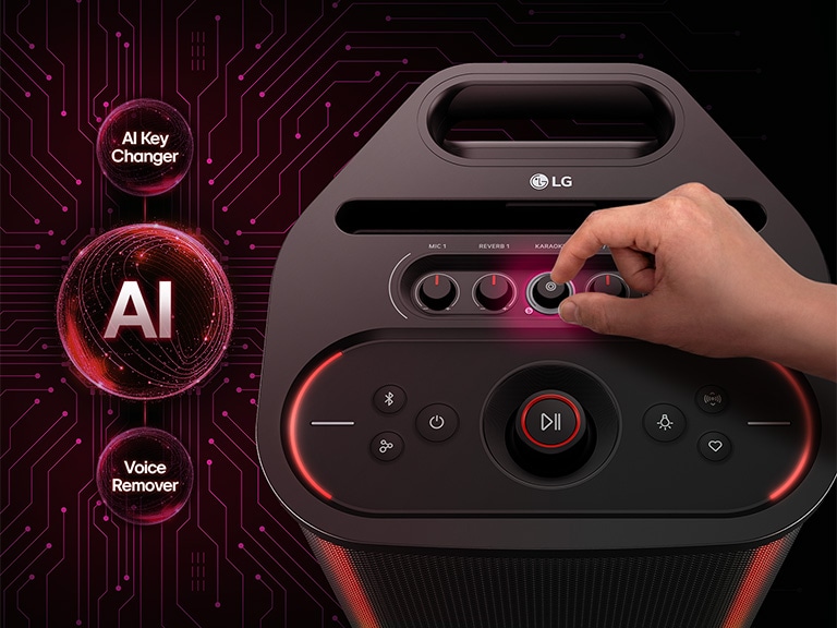 LG xboom Stage 501 speaker showing AI Karaoke Master features, with AI Key Changer and Voice Remover controls used to turn any song into karaoke.