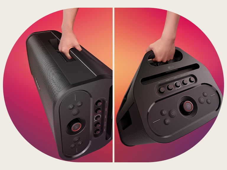 LG xboom Stage 501 speaker carried vertically and horizontally with one hand, highlighting one-hand portability and effortless, easy carrying wherever you go