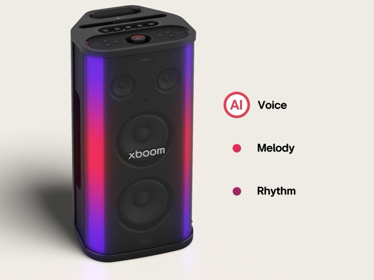 LG xboom Stage 501 speaker with colorful dual-bar LED lighting, showing AI lighting synchronized with music for an immersive party design