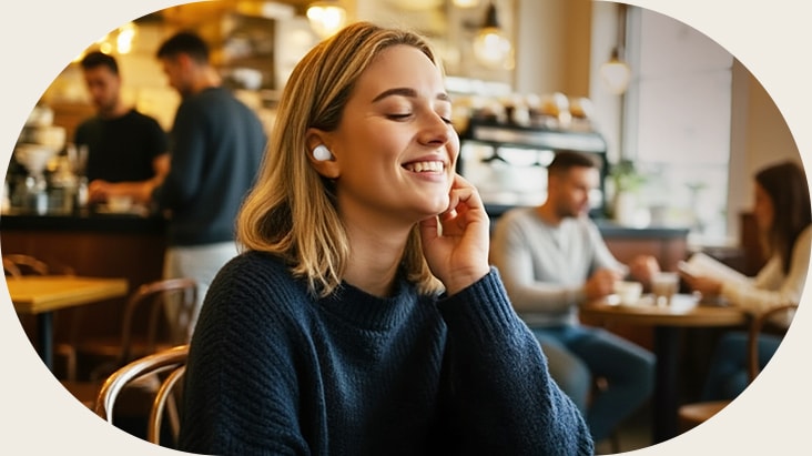 A woman with xboom Buds Lite in her ears is sitting in a crowded café is similing like she's enjoying the sound with xboom Buds Lite.	