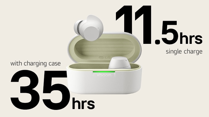 A white xboom Buds Lite's cradle is placed with its light on and with a pair of earbuds in it.	