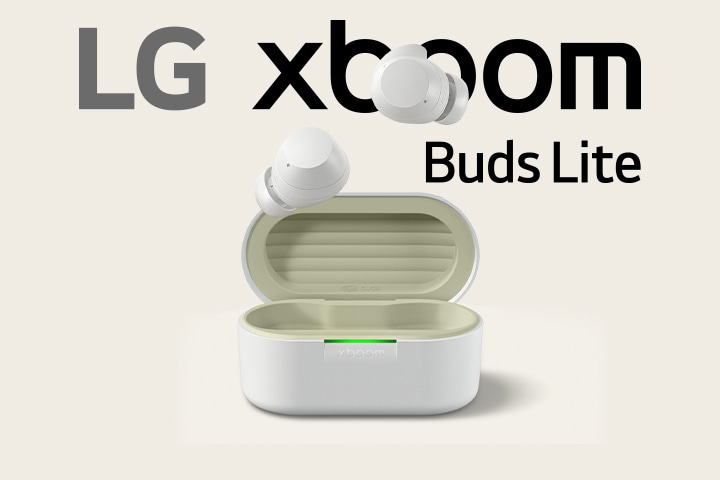 xboom buds lite's cradle is placed fully open with two ear buds floating above.	