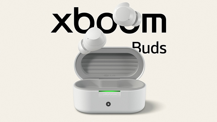 xboom buds' cradle is placed fully open with two ear buds floating above.