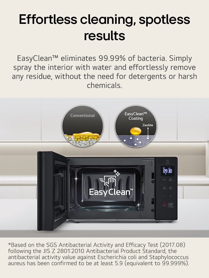 There is a microwave with an open door, and there is an explanation that is easy to clean inside.