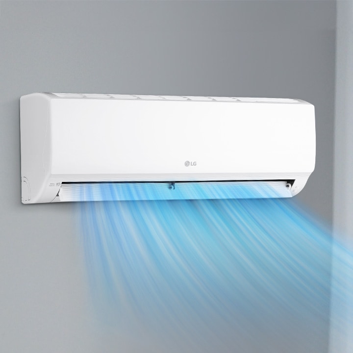 The LG air conditioner is operating on the wall.