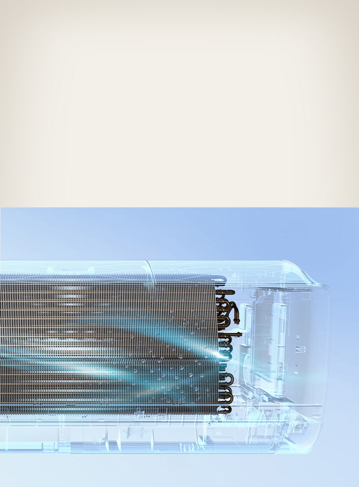video of LG air conditioner heat exchanger showing fins with condensation and airflow