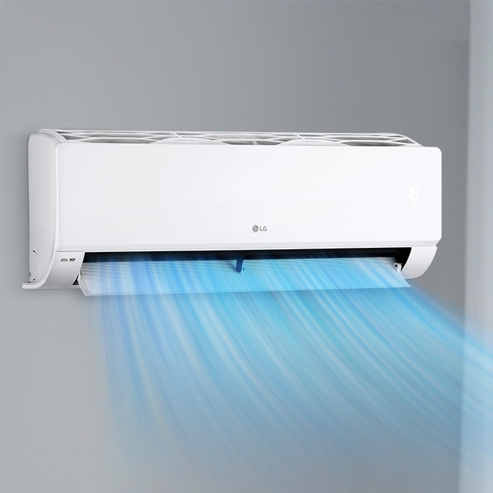 The LG air conditioner is operating on the wall.