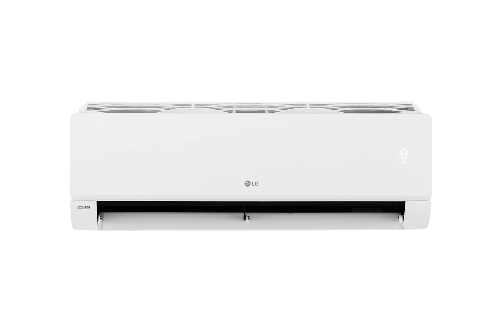 Front view of the LG wall mounted air conditioner with wide open vane