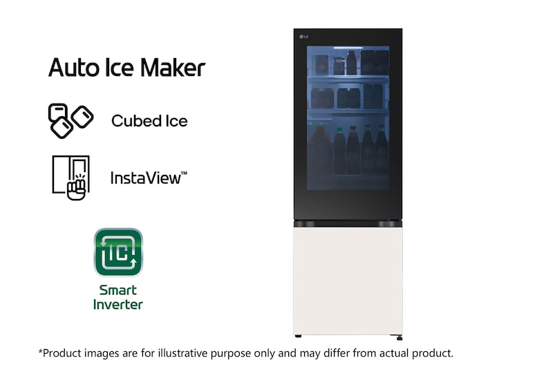 Front view of 12.7 cu. ft. Objet Collection™ Bottom Freezer InstaView™ Smart Inverter Refrigerator with Auto Ice Maker in Beige Glass RJB-V127BG