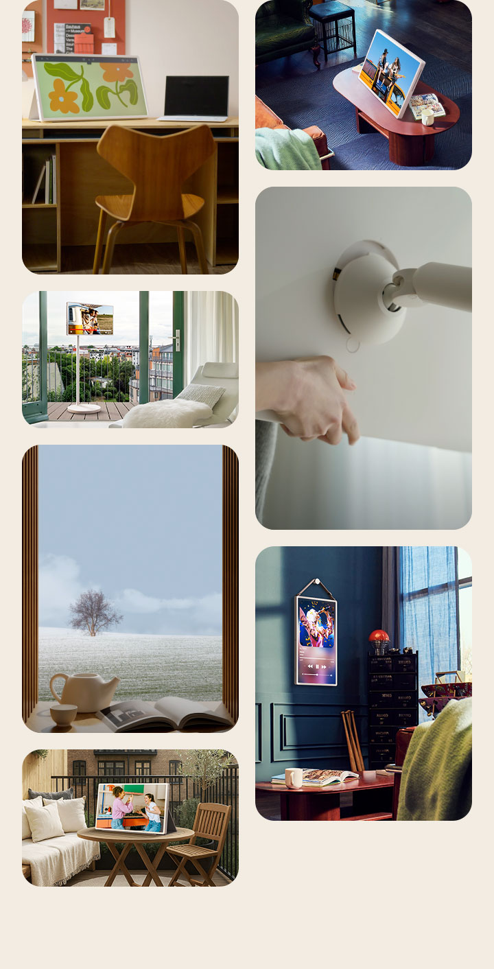 LG StanbyME 2 stood, propped with the folio cover, hung up, and mounted in various living spaces.