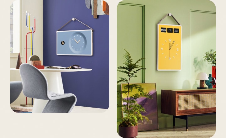 Different living spaces with LG StanbyME 2 screens displaying clocks and calendars.