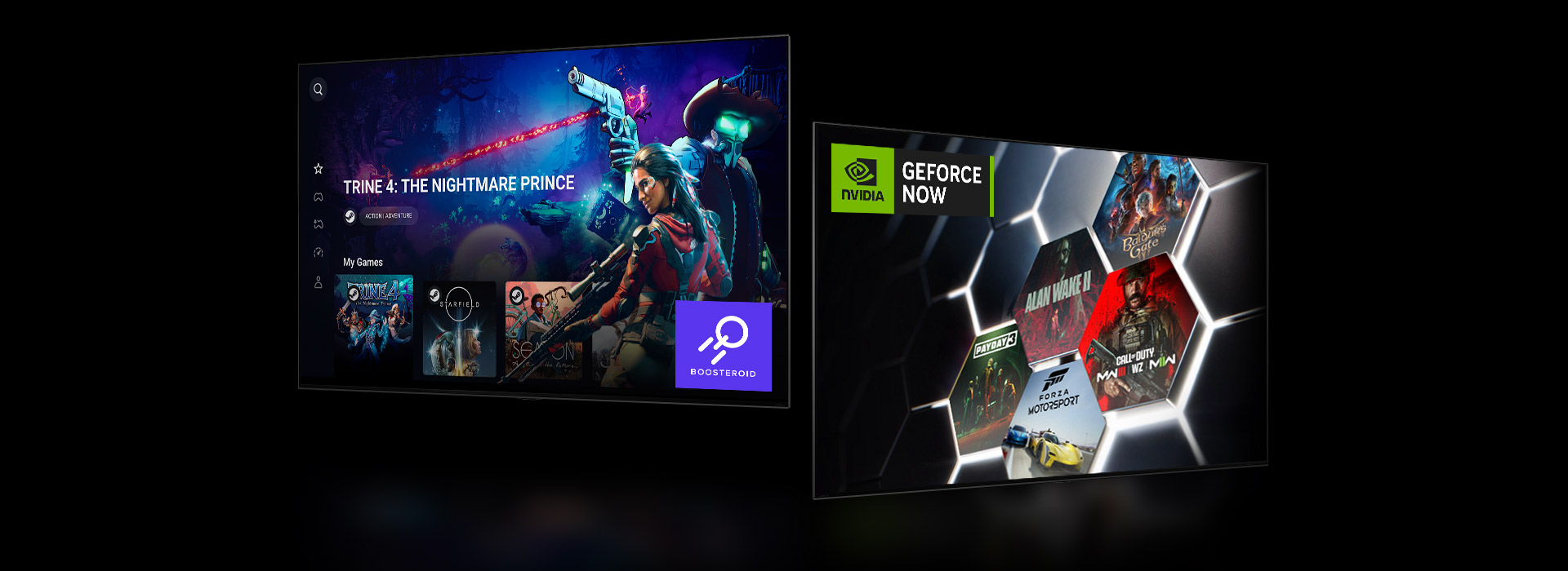 A Boosteroid home screen image showing "Trine 4: The Nightmare Price". A GeForce NOW home screen showing five different game thumbnails in right. 
