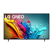 Front view of LG QNED TV, QNED85 with text of LG QNED AI, 2024, and webOS Re:New Program logo on screen