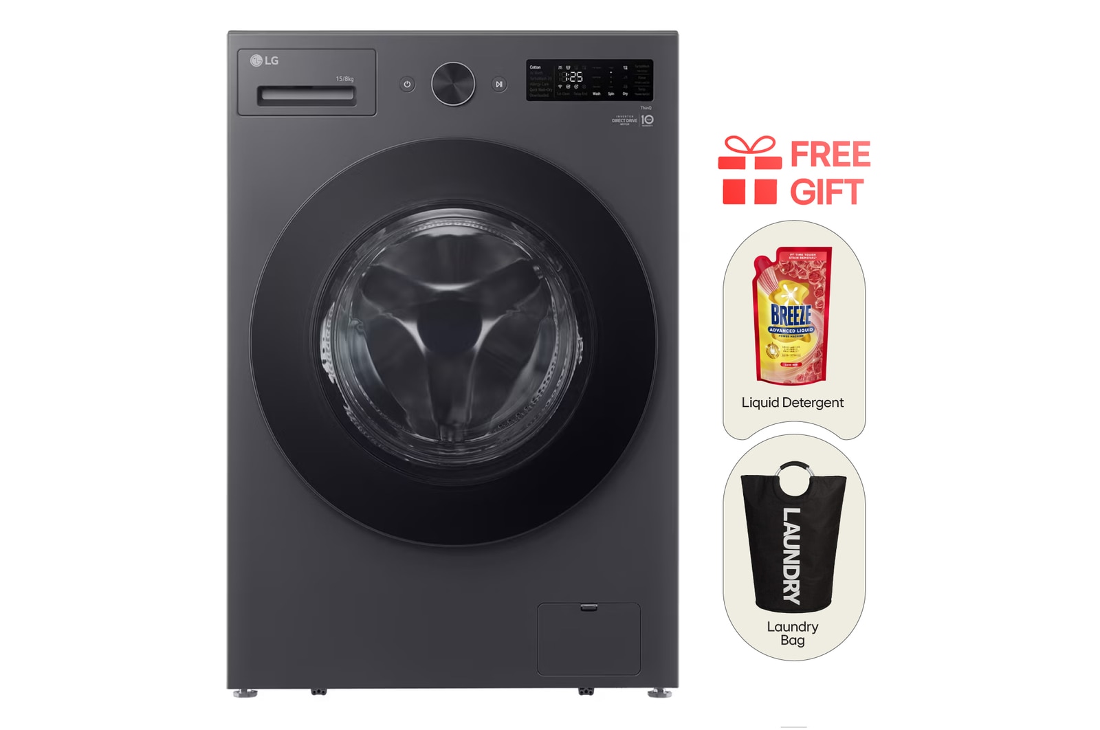 Front view of 15/8KG Slim Front Load Combo Washer Dryer with AI Direct Drive™ and Pet Care Wash Cycle F2515RNEG
