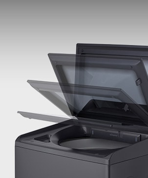 Washer lid shown in mid-motion to illustrate the smooth, soft closing door feature