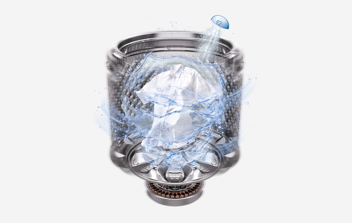 Washer drum with downward water jet spraying over laundry, visualizing fast rinsing with JetSpray