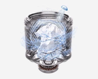 Washer drum with downward water jet spraying over laundry, visualizing fast rinsing with JetSpray