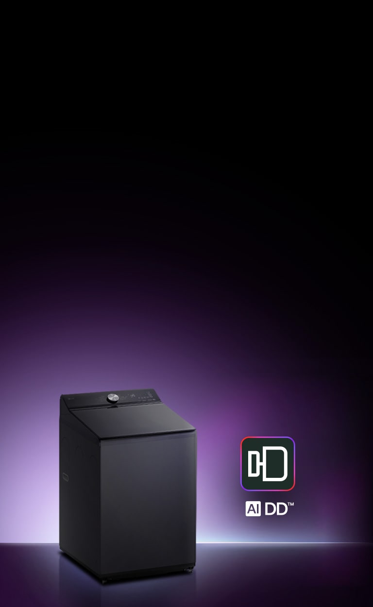 A dark gray top-loading washing machine displayed on a glowing purple background with a logo representing AI-powered washing